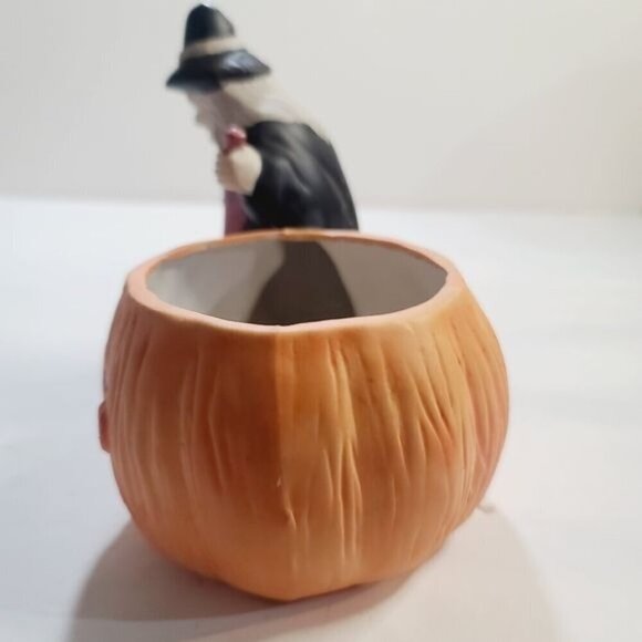 Vintage Halloween Witch Pumpkin Ceramic Tea Light Candle Holder - Picture 6 of 16